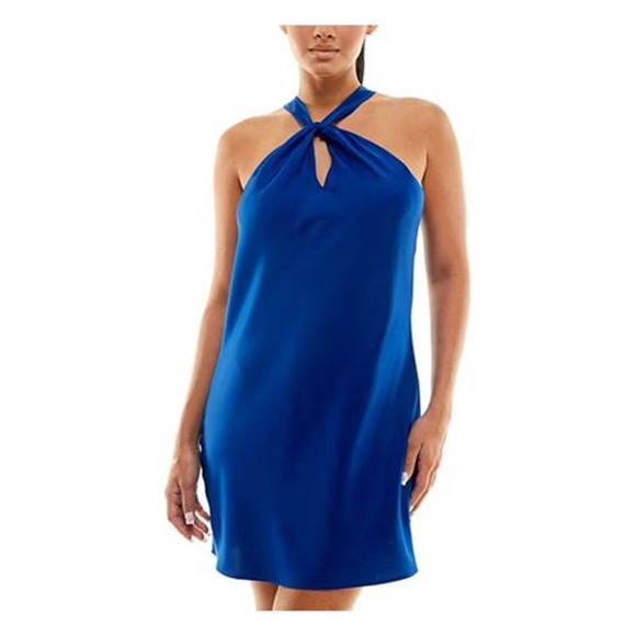 JOLT Blue Lined Tie Pullover Cutout Sleeveless Halter Short Party Sheath Dress - Picture 1 of 2